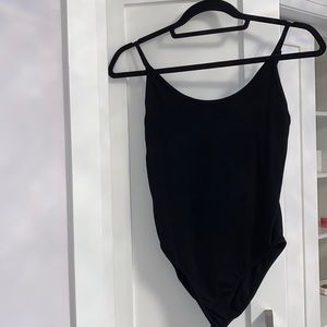 Black ribbed spaghetti strap bodysuit
